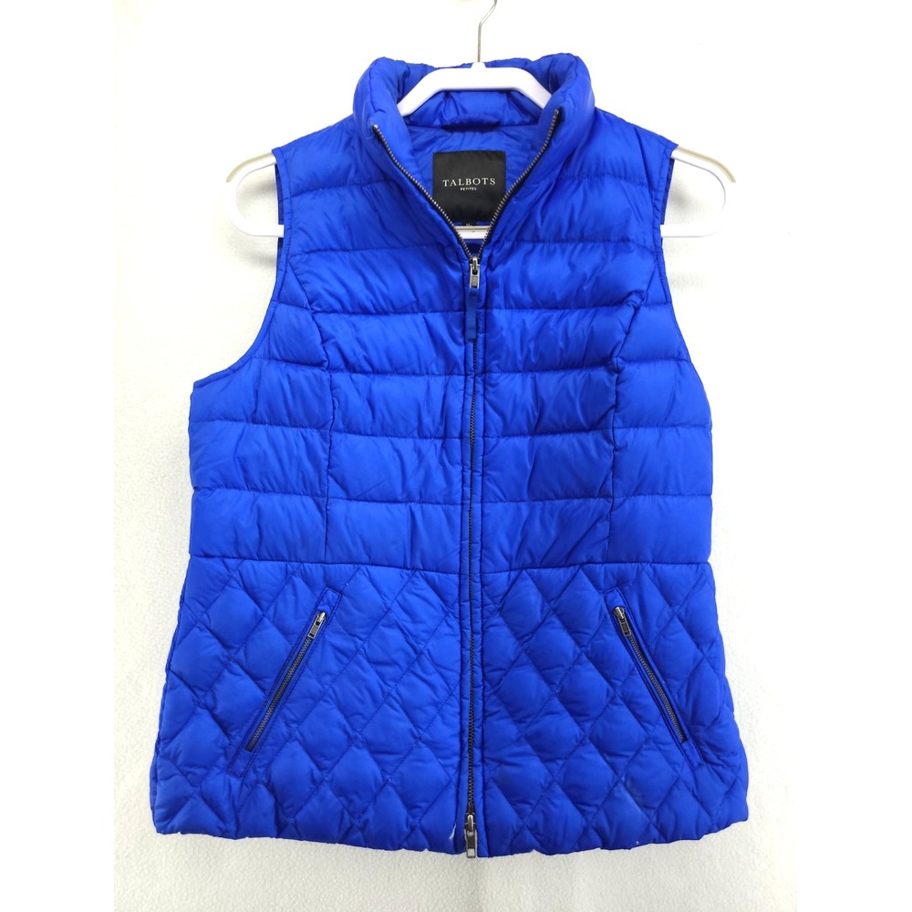 Talbots Down Puffer Vest Womens Medium Petite Royal Blue Full Zip Quilted